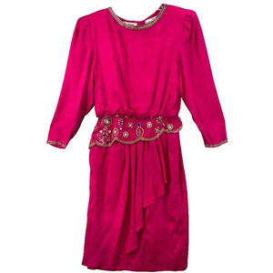 Dore Dress 10 Vintage‎ Pink Jewled Ruffle 100% Silk Peplum Beaded Quiet Luxury*